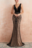 Sexy Black Mermaid Deep V-Neck Long Evening Dress With Sequin