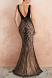 Sexy Black Mermaid Deep V-Neck Long Evening Dress With Sequin