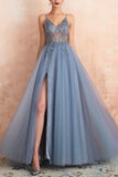 A Line Spaghetti Straps Long Glitter Formal Dress With Split