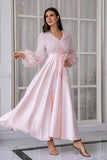 Pink V Neck A Line Long Dress