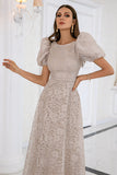 Plain Beige Lace Long dress With Puffy Short Sleeves