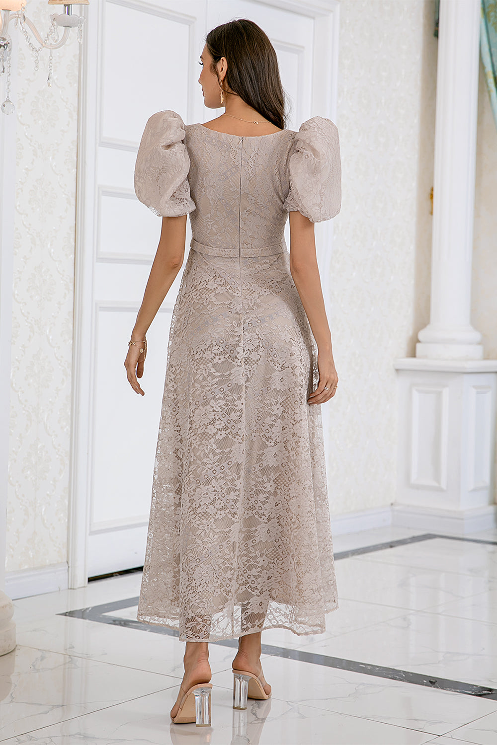 Plain Beige Lace Long dress With Puffy Short Sleeves