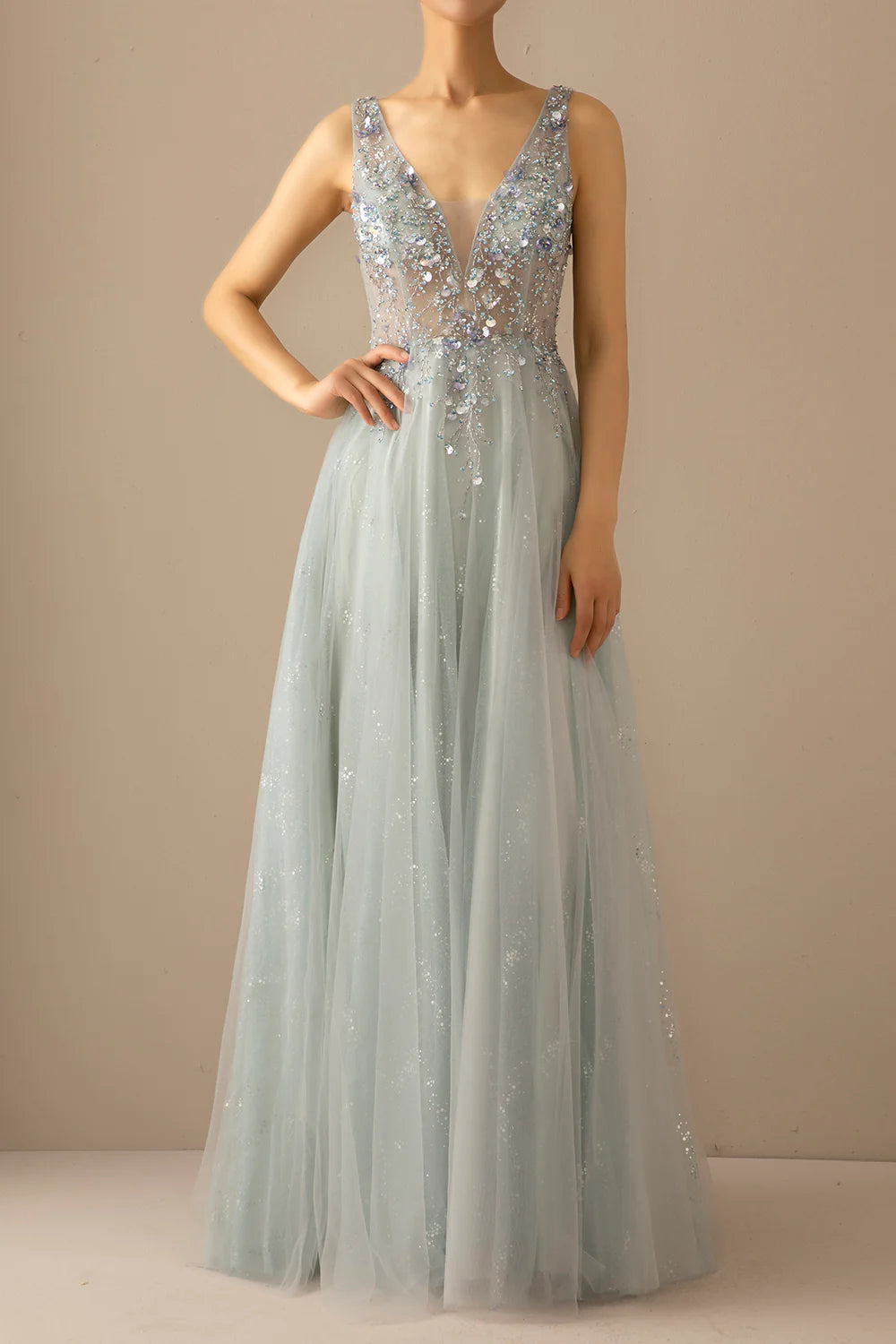 A Line V-Neck Tulle Grey Blue Evening Dress With Beading