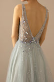 A Line V-Neck Tulle Grey Blue Evening Dress With Beading