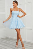 Blue Tulle Short Formal Dress with Appliques