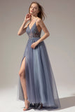 Elegant A Line Spaghetti Straps Long Glitter Beaded Tulle Formal Dress