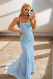 Blue Spaghetti Straps Mermaid Formal Dress With Appliques
