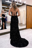 Mermaid V-Neck Corset Back Glitter Formal Dress With Split