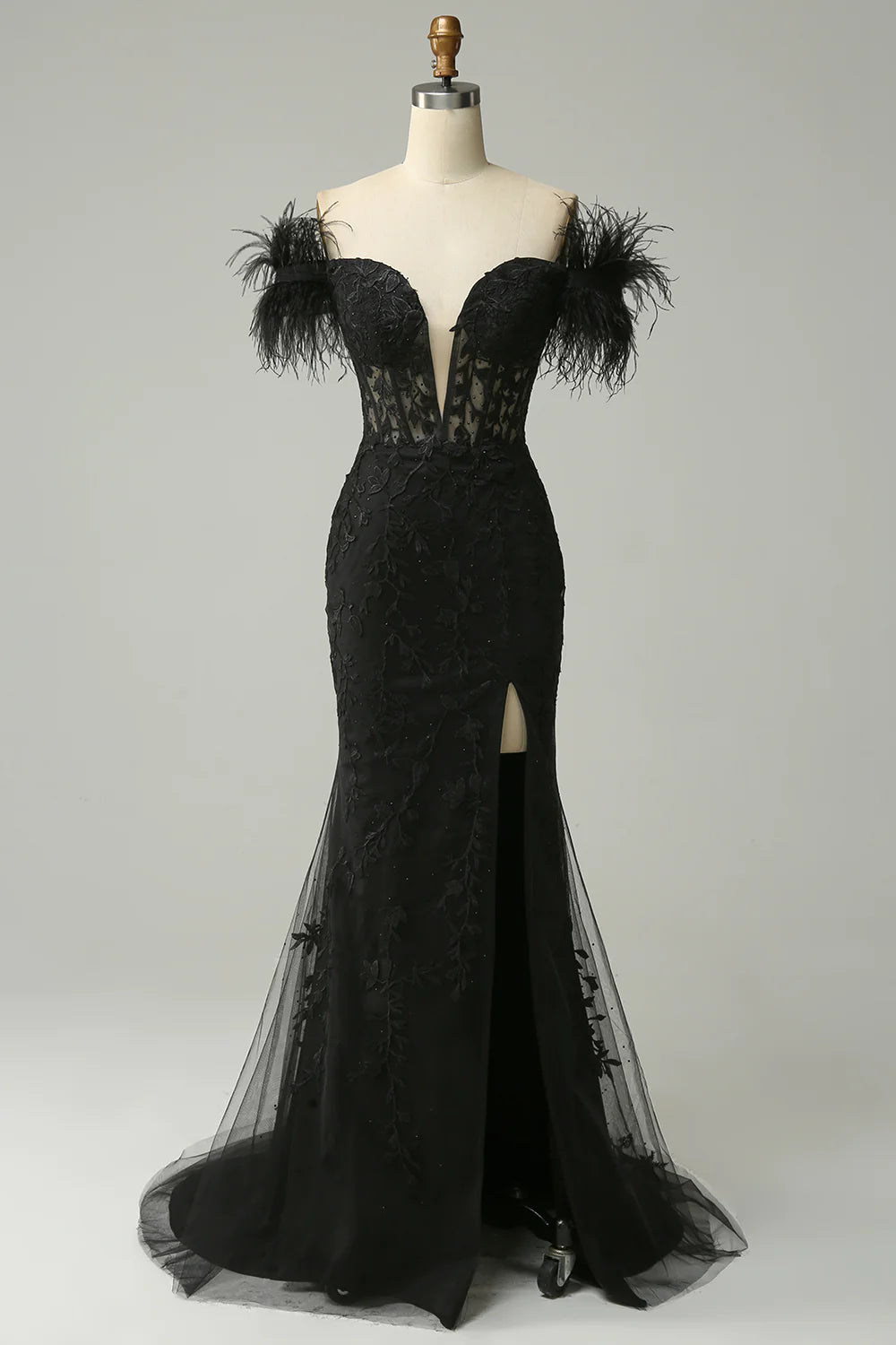 Elegant Feather Off The Shoulder Formal Dress With Split