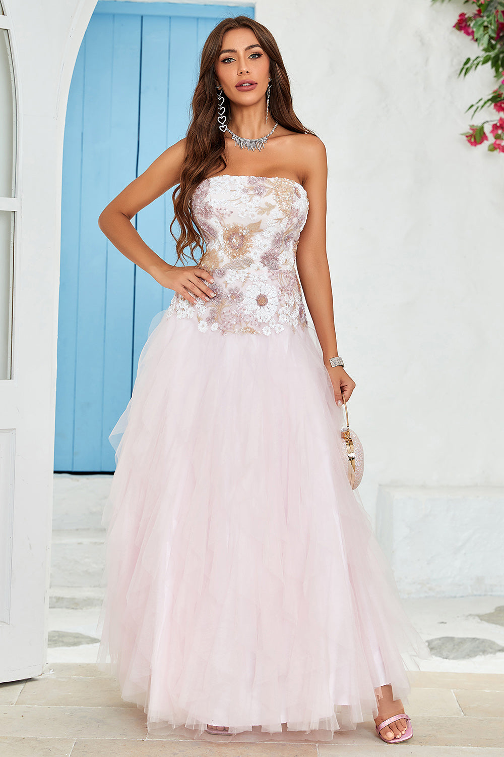 Strapless A Line Pink Tulle Formal Dress with Appliques
