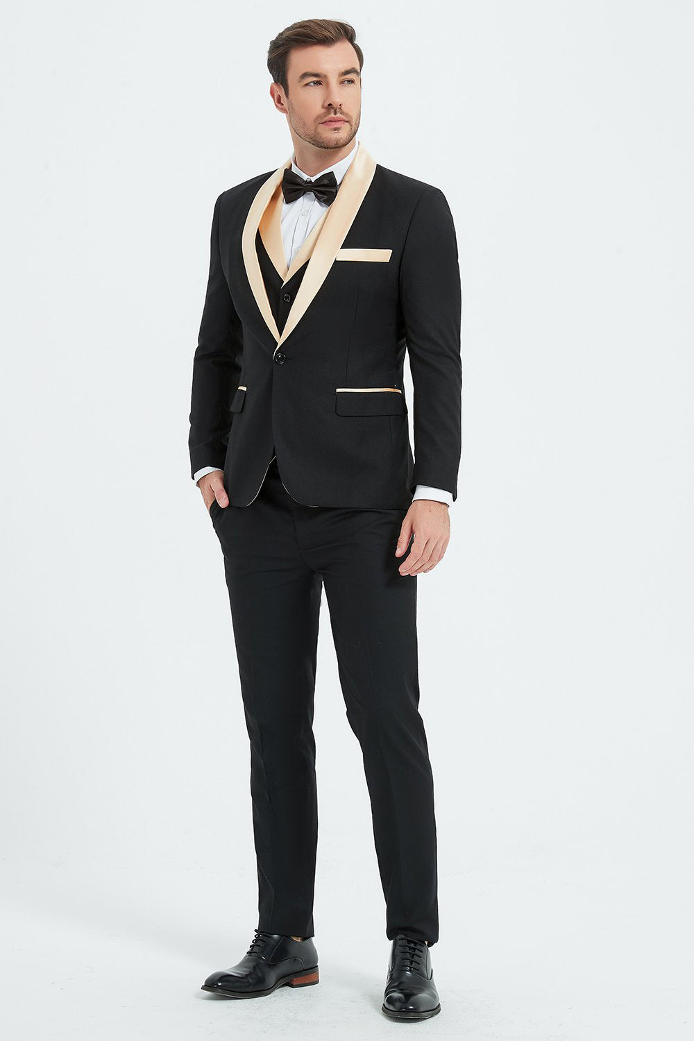 Black and Champagne 3 Piece Shawl Lapel Men's Formal Suits