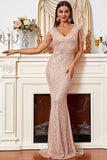 Blush Sequins Sparkly Mermaid Formal Dress with Fringes