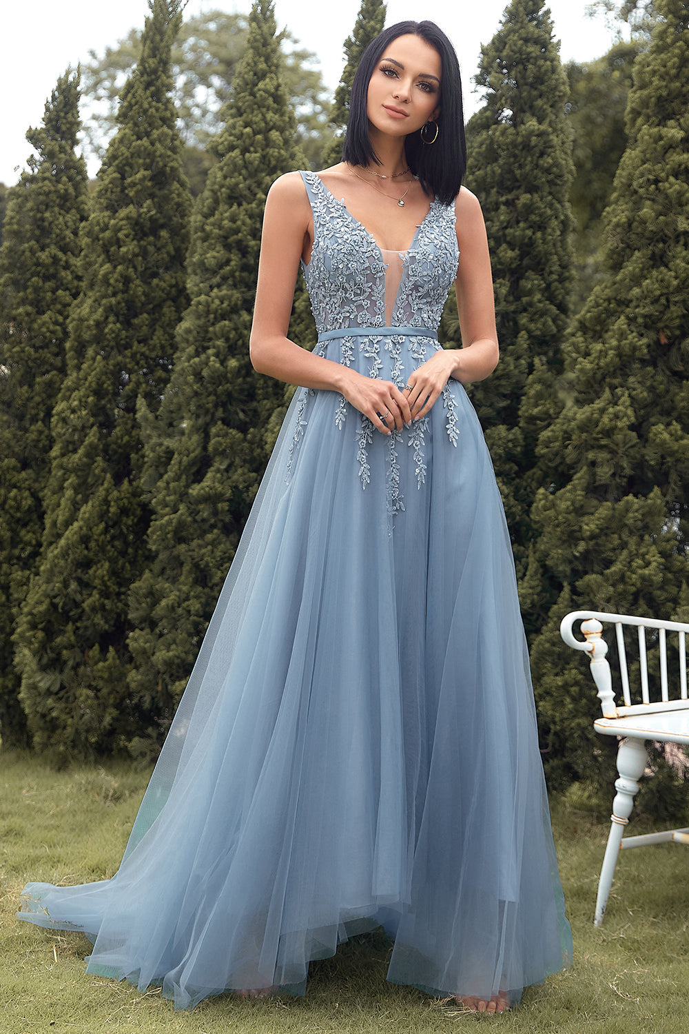 A-Line Long Blue Formal Dress with Appliques