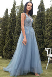 A-Line Long Blue Formal Dress with Appliques