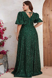 Plus Size V-Neck Sequins Dark Green Formal Dress