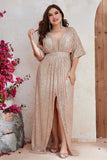 Sparkly Plus Size Champagne Formal Dress with Slit