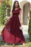 A Line V-Neck Burgundy Long Bridesmaid Dress