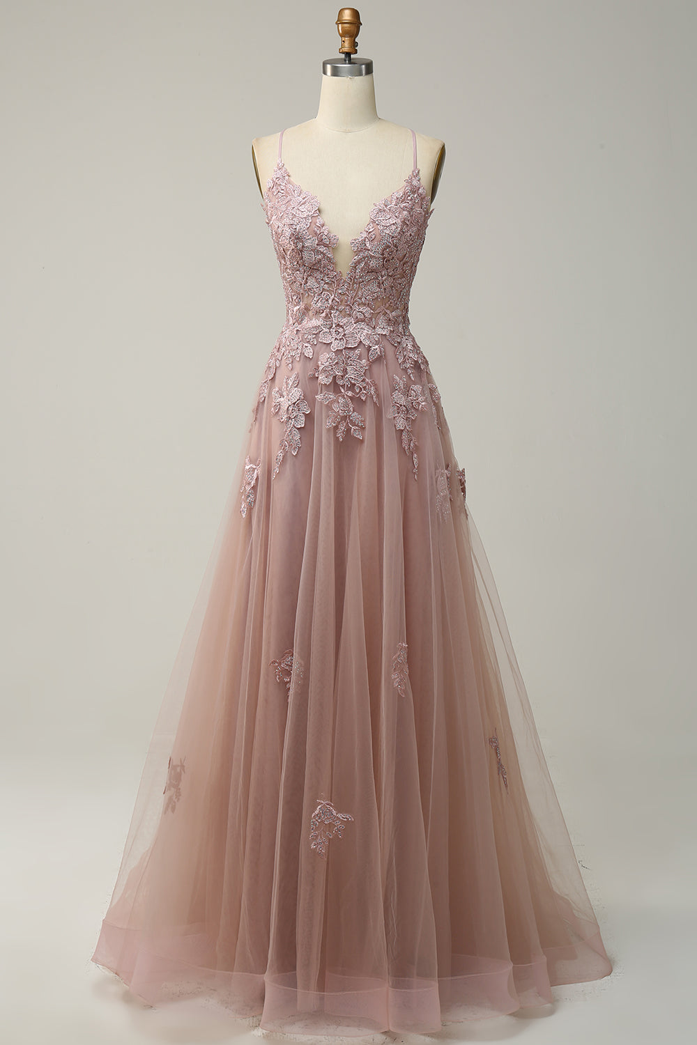 A Line Spaghetti Straps Blush Long Formal Dress with Appliques