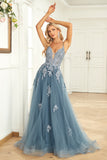 Pretty A-line Spaghetti Straps Long Tulle Dress With Appliques