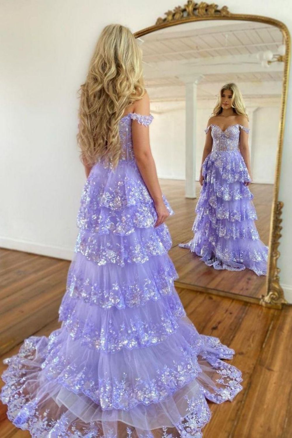 Gorgeous A-Line Off The Shoulder Tiered Formal Dress With Split