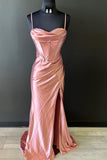 Hot Pink Spaghetti Straps Satin Mermaid Formal Dress with Slit