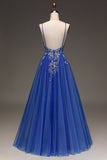 A Line Spaghetti Straps Royal Blue Long Formal Dress with Appliques