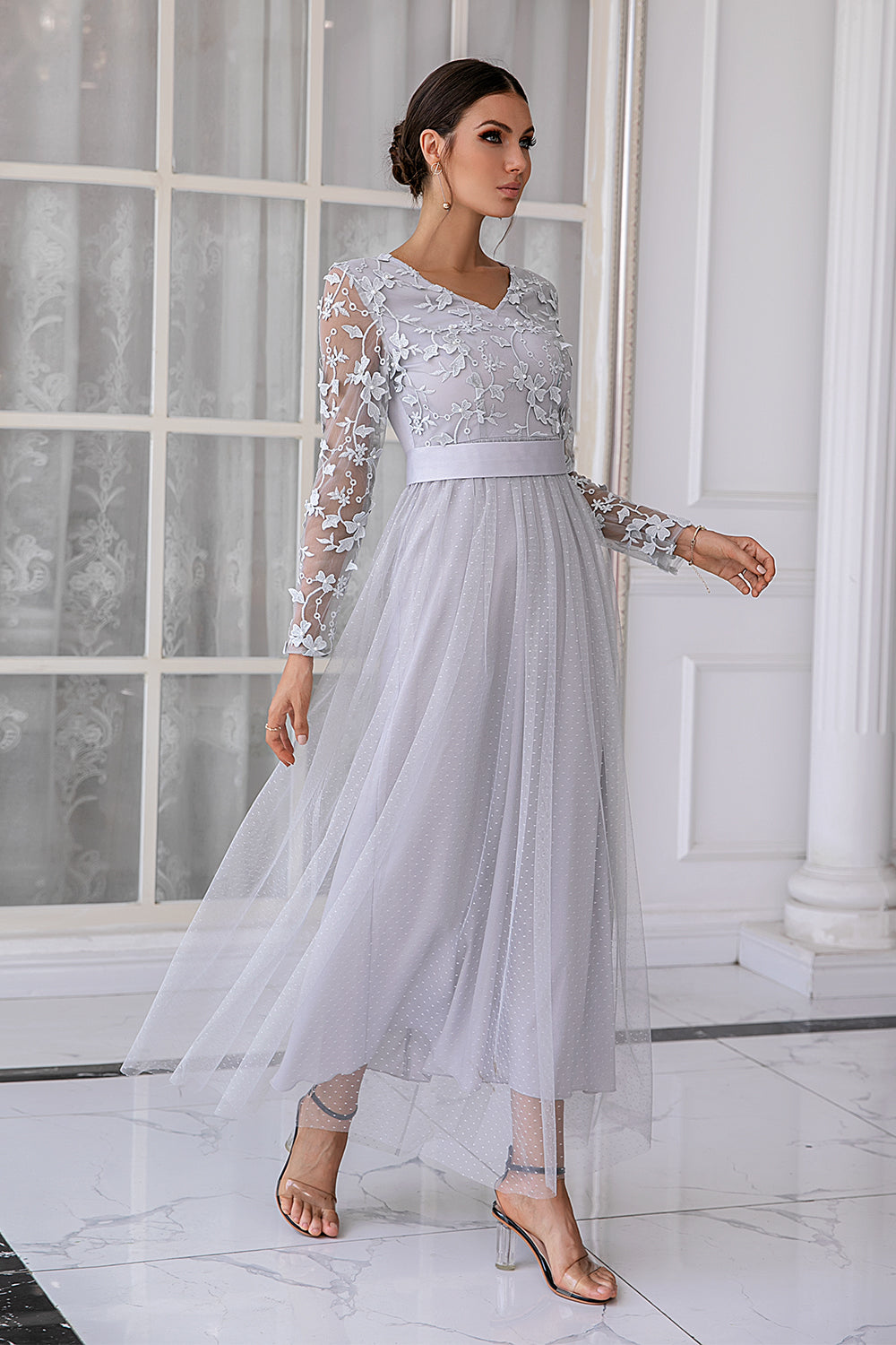 Light Gray Long Sleeve Lace Dress