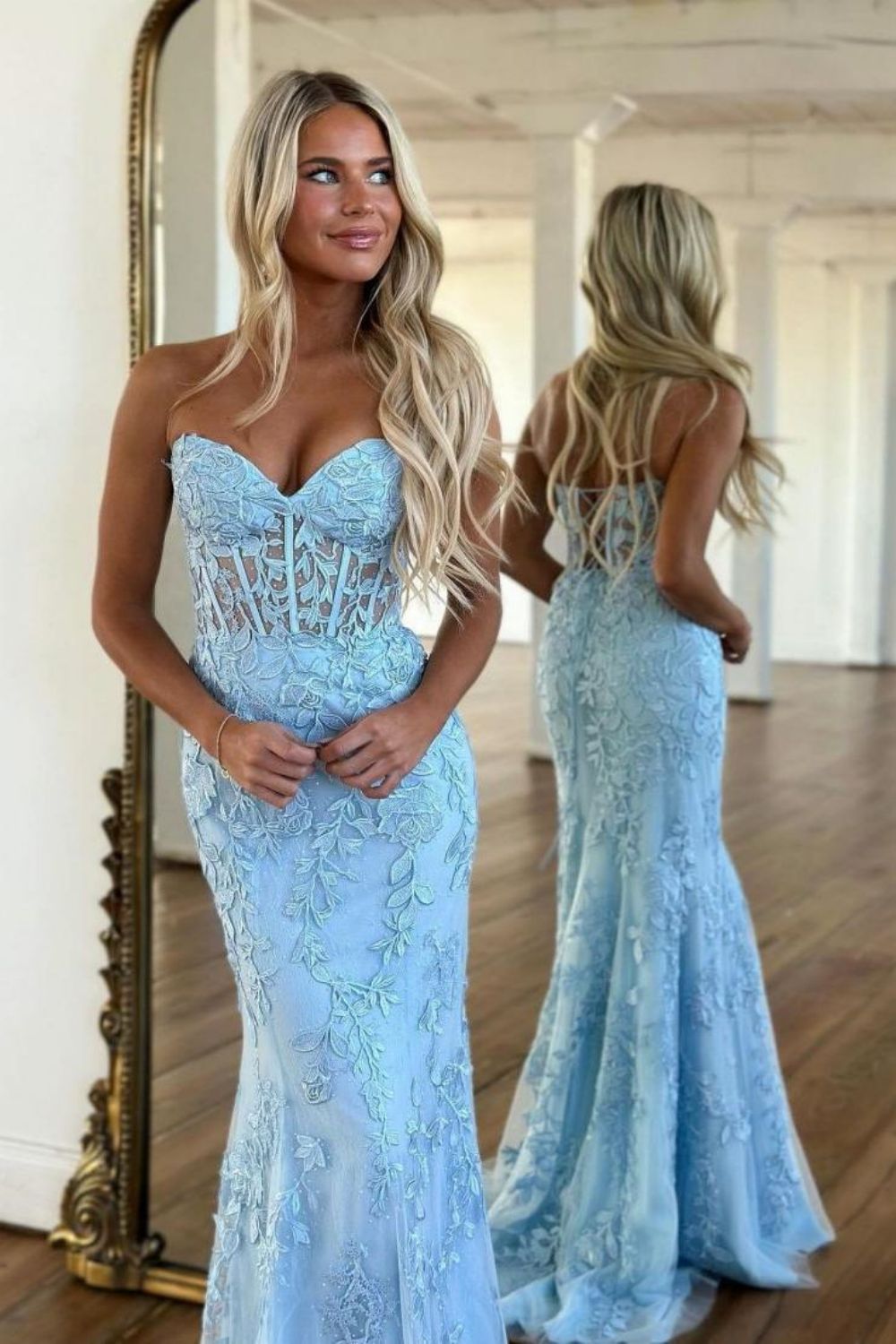 Blue Mermaid Sweetheart Long Formal Dress With Appliques