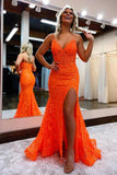 Orange Mermaid Spaghetti Straps Sequins Split Formal Dress