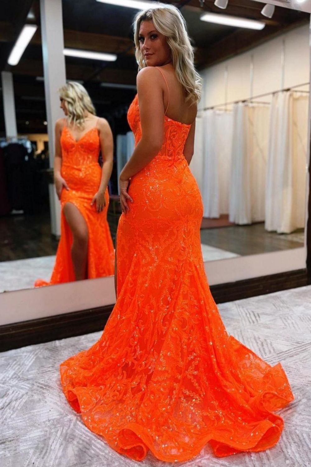 Orange Mermaid Spaghetti Straps Sequins Split Formal Dress