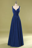 Royal Blue A-Line Zipper Back Long Glitter Formal Dress