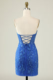 Royal Blue Sweetheart Corset Back Short Dress With Appliques