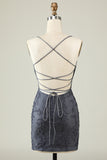 Grey Spaghetti Straps Corset Back Short Dress With Appliques