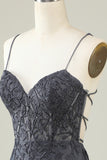 Grey Spaghetti Straps Corset Back Short Dress With Appliques
