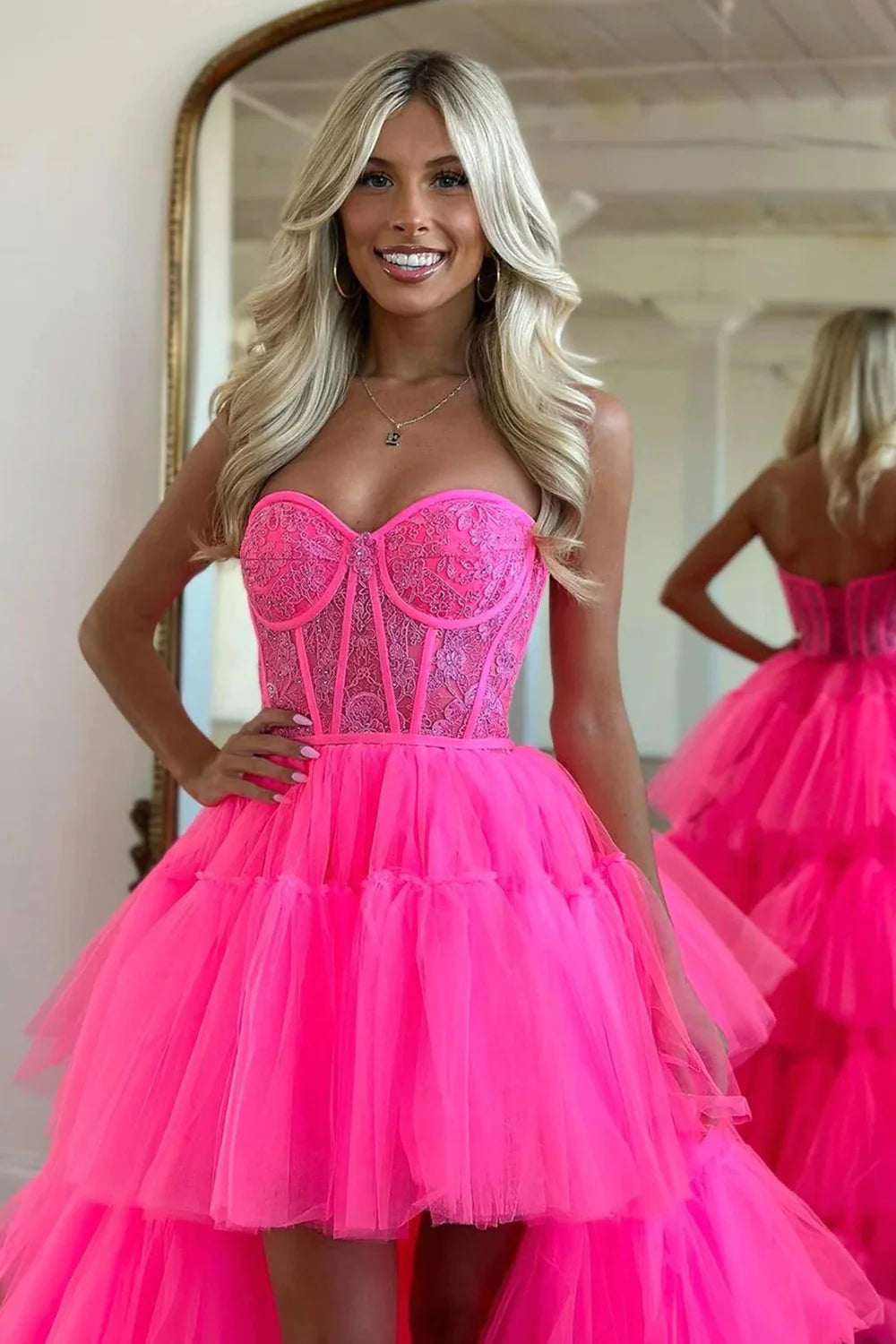 Hot Pink High Low Tulle Sweetheart Corset Long Formal Dress
