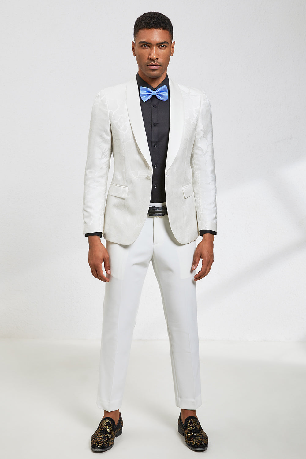 White Jacquard Shawl Lapel 2 Piece Men Suits Jacket And Pants