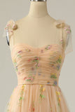Cute A Line Tie Straps Long Tulle Formal Dress with Embroidery