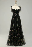 A Line Tie Straps Sweep Train Formal Dress with Embroidery