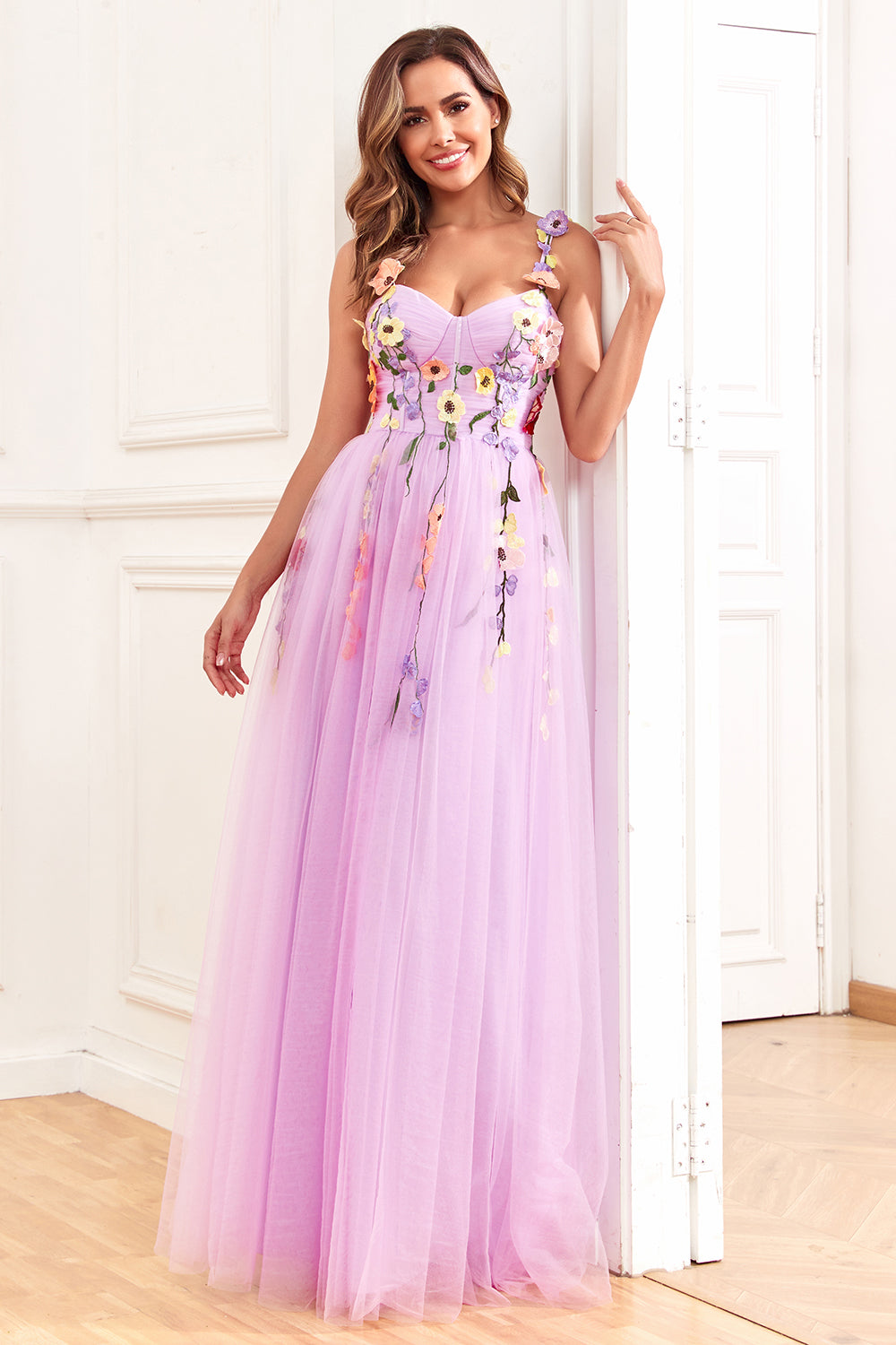 A Line Spaghetti Straps Purple Long Formal Dress with 3D Flowers