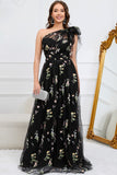 One Shoulder Long Black Floral Print Formal Dress