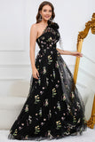 One Shoulder Long Black Floral Print Formal Dress