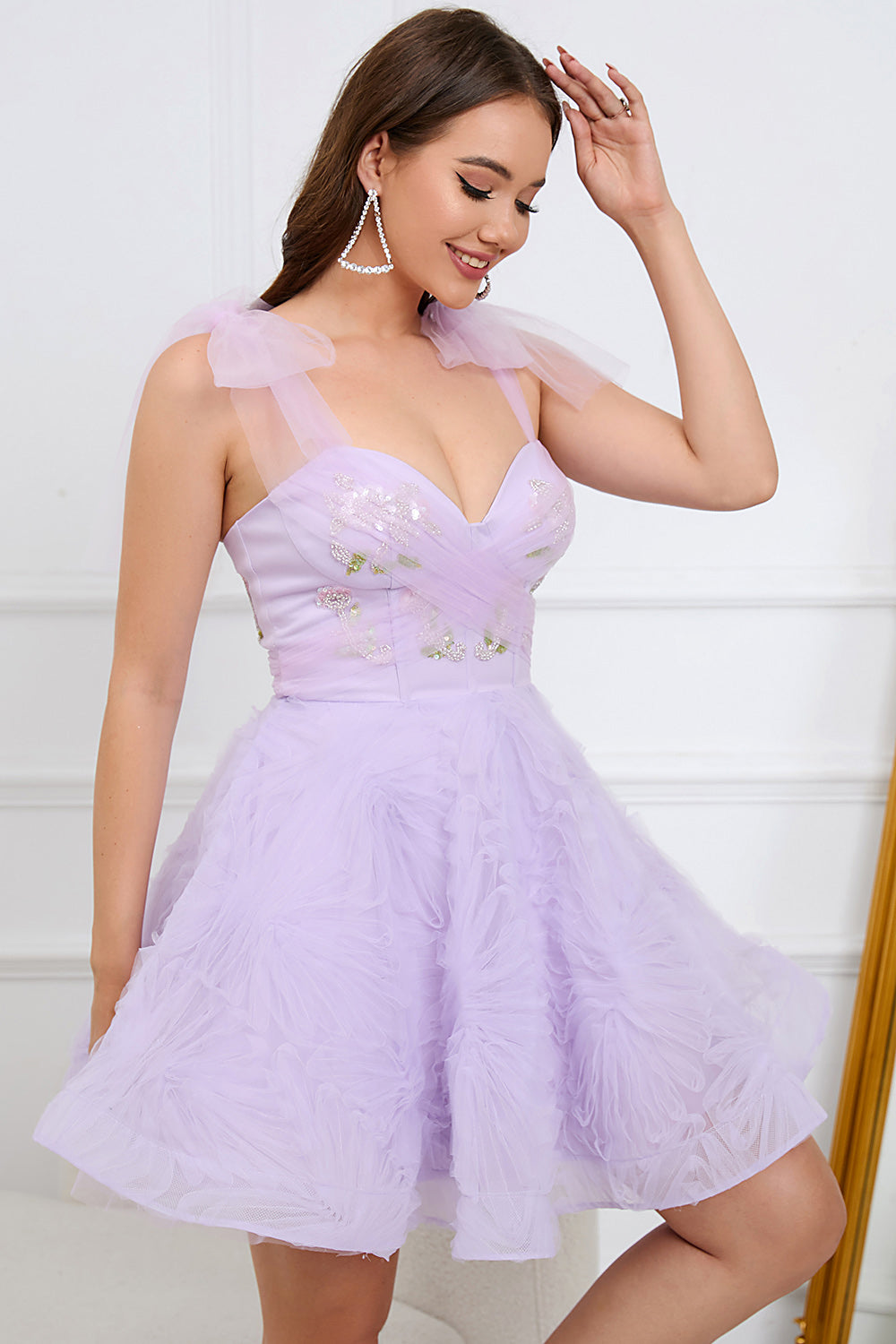 A-line Tie-strap Tulle Mini Dress With Beading