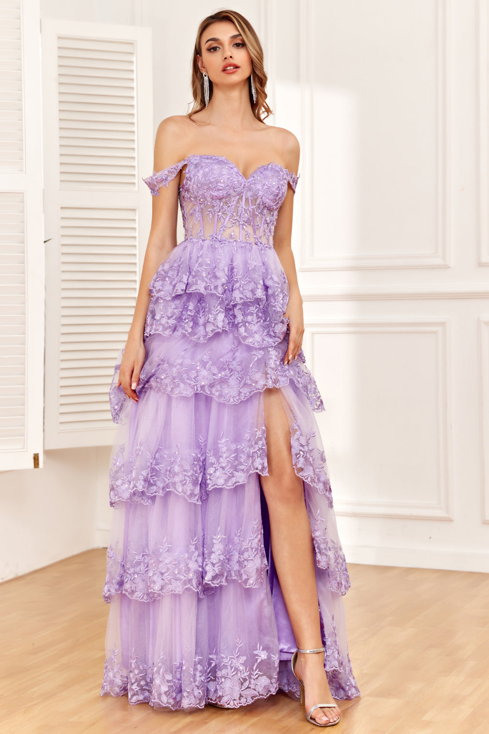 Purple Off The Shoulder Long Tiered Formal Dress With Slit