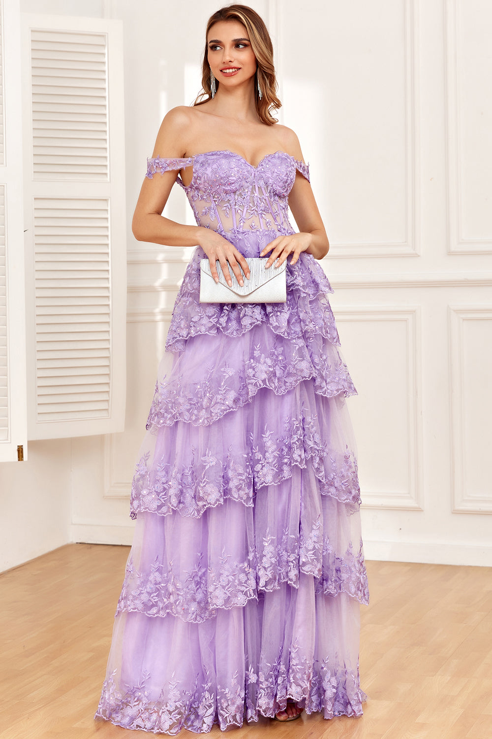 Purple Off The Shoulder Long Tiered Formal Dress With Slit
