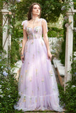 A-Line Lilac Embroidery Corset Long Formal Dress
