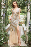 Mermaid Deep V Neck Golden Long Formal Dress with Silt
