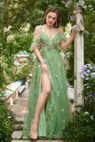 A-Line V-Neck Spaghetti Straps Embroidery Green Long Formal Dress with Slit