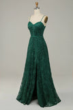 Dark GreenSpaghetti Straps Corset Back Long Lace Formal Dress