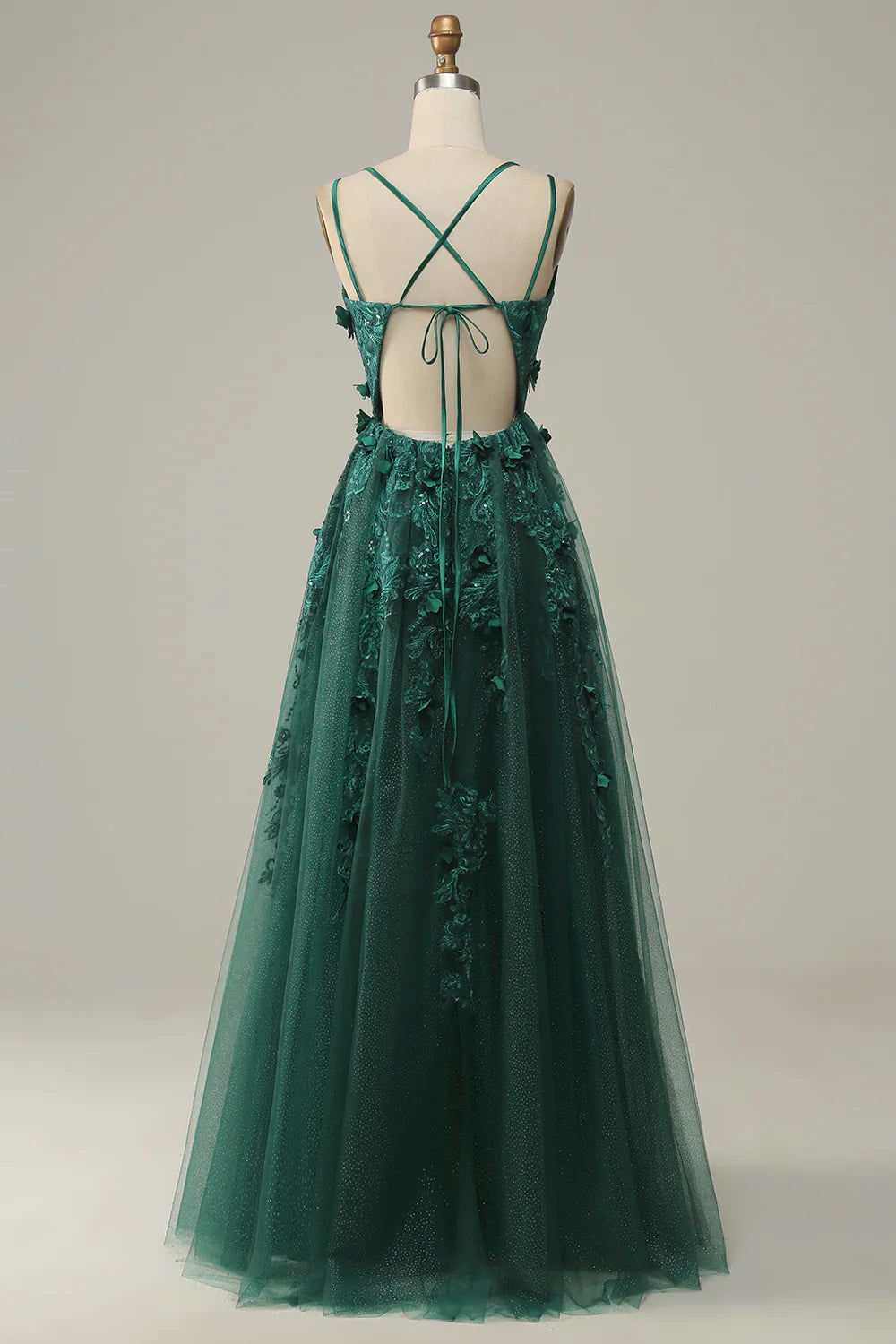 Dark Green A Line Double Straps Long Formal Dress with Appliques