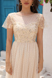 Short Sleeves Long Polka Dot Tulle Formal Dress With Sequin
